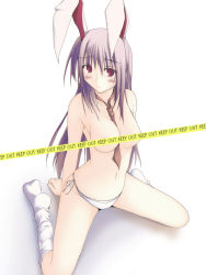 Rule 34 | 1girl, animal ears, rabbit ears, caution tape, female focus, gisyo, keep out, necktie, reisen udongein inaba, solo, topless, touhou