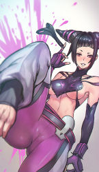 Rule 34 | 1girl, bad id, bad pixiv id, barefoot, belt, black hair, bracelet, breasts, cameltoe, chaps, chinese clothes, detached sleeves, drill hair, dudou, fingerless gloves, gloves, halterneck, han juri, harabacho (gkfkqkch1), jewelry, medium breasts, multiple belts, naughty face, panties, unworn panties, pantyhose, pink pantyhose, purple eyes, short twintails, solo, spiked bracelet, spikes, standing, standing on one leg, street fighter, street fighter iv (series), toes, twin drills, twintails, underboob, underwear