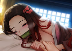 Rule 34 | 1girl, 1other, backlighting, bamboo, black hair, blurry, blurry background, breasts, forehead, ginhaha, hair ribbon, half-closed eyes, holding hands, highres, japanese clothes, kamado nezuko, kimetsu no yaiba, kimono, long hair, looking at viewer, lying, mouth hold, multicolored hair, off shoulder, on stomach, pink eyes, purple eyes, red ribbon, ribbon, sidelocks, very long hair