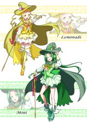 Rule 34 | 2girls, :d, absurdres, adapted costume, akimoto komachi, alternate costume, bike shorts, bike shorts under skirt, boots, brooch, butterfly brooch, cape, character name, commentary request, cure lemonade, cure mint, drill hair, earrings, eyelashes, green cape, green footwear, green vest, happy, hat, highres, jewelry, kasugano urara (yes! precure 5), large hat, long hair, looking at viewer, magical girl, mahou girls precure!, matatabi (karukan222), multiple girls, open mouth, precure, puffy sleeves, shorts, shorts under skirt, skirt, smile, standing, thighhighs, thighs, twin drills, twintails, vest, wand, witch, witch hat, yellow cape, yellow footwear, yellow thighhighs, yellow vest, yes! precure 5, yes! precure 5 gogo!