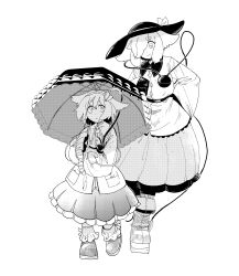 2girls alternate_height blouse boots closed_mouth commentary cross-shaped_pupils frilled_sleeves frills full_body greyscale hair_ornament hairband hat heart heart_hair_ornament height_difference highres holding holding_umbrella jacket komeiji_koishi komeiji_satori kowaremiku long_sleeves looking_at_another monochrome multiple_girls one_eye_covered parasol shirt shoes short_hair siblings sisters skirt sleeves_past_fingers sleeves_past_wrists smile symbol-shaped_pupils third_eye touhou umbrella wide_sleeves