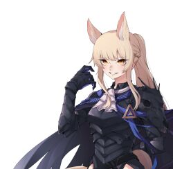 Rule 34 | 1girl, animal ears, arknights, armor, ascot, blemishine (arknights), blemishine (moon catastrborn) (arknights), braid, extra ears, gauntlets, highres, horse ears, horse girl, horse tail, if f, long hair, looking at viewer, official alternate costume, ponytail, sidelocks, simple background, solo, tail, upper body, white ascot, white background, yellow eyes