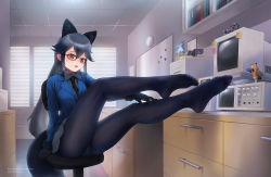 Rule 34 | 2girls, animal ears, beleven, black bow, black bowtie, black necktie, black pantyhose, blue jacket, bow, bowtie, chair, computer, day, desk, extra ears, ezo red fox (kemono friends), feet, female focus, fox ears, fox girl, fox tail, full body, glasses, grey skirt, hand on own leg, highres, indoors, jacket, kemono friends, legs, legs up, long hair, looking at another, looking at viewer, microskirt, mini person, minigirl, monitor, multiple girls, necktie, no shoes, office chair, orange eyes, outstretched arm, outstretched leg, paid reward available, panties, panties under pantyhose, pantyhose, parted lips, red-framed eyewear, sidelocks, silver fox (kemono friends), sitting, size difference, skirt, solo focus, swivel chair, tail, underwear, very long hair, window