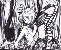 Rule 34 | 1girl, antennae, barefoot, butterfly wings, dress, eternity larva, fairy, hair between eyes, insect wings, jazonyan, leaf, leaf on head, lineart, multicolored clothes, multicolored dress, open mouth, short hair, short sleeves, sketch, solo, touhou, traditional media, wings