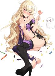 Rule 34 | 1girl, ahoge, ass, bandaid, bare shoulders, black footwear, blonde hair, blush, boots, breasts, candy, chateau d&#039;usse (oshiro project), feet, food, full body, ghost, high heel boots, high heels, lollipop, long hair, looking at viewer, medium breasts, midriff, navel, official art, oshiro project:re, oshiro project:re, purple thighhighs, red eyes, shoes, single boot, single shoe, soles, solo, takanashi kei (hitsujikan), tearing up, tears, thighhighs, torn boots, torn clothes, torn thighhighs, transparent background, wavy hair, wavy mouth