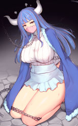 Rule 34 | 1girl, arms behind back, ball and chain restraint, bare legs, bdsm, blouse, blue cape, blue hair, blue skirt, bondage, bound, breasts, cape, chain, chain leash, collar, commentary, covered erect nipples, covered mouth, dark background, dinosaur girl, english commentary, eyelashes, frilled skirt, frills, full body, fur-trimmed cape, fur trim, glaring, head steam, highres, horns, large breasts, leash, long hair, looking at viewer, mask, microskirt, mixed-language commentary, mouth mask, mukka, multicolored hair, one piece, pink eyes, pink hair, pink mask, pout, puffy nipples, restrained, ribbed shirt, seiza, shirt, shirt tucked in, sidelocks, sitting, skirt, slave, solo, stone floor, streaked hair, sweat, thick thighs, thighs, twitter username, two-tone hair, ulti (one piece), v-shaped eyebrows, white shirt