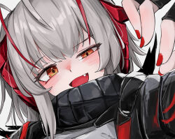 Rule 34 | 1girl, ahoge, antenna hair, arknights, black jacket, breasts, demon horns, dyed ahoge, fang, fingerless gloves, gloves, grey hair, grey scarf, highres, horns, jacket, kari90909, large breasts, looking at viewer, nail polish, open clothes, open jacket, orange eyes, red nails, scarf, shirt, short hair, simple background, smile, solo, w (arknights)
