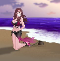 Rule 34 | 1girl, absurdres, ball and chain restraint, beach, bikini, breasts, brown hair, cleavage, cloth gag, dorothea arnault, fire emblem, fire emblem: three houses, gag, gagged, green eyes, high heels, highres, improvised gag, large breasts, nintendo, over the mouth gag, sarong, swimsuit