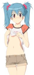 Rule 34 | 1girl, absurdres, blue hair, blush, clothes lift, flat chest, highres, long image, midiman, midriff, navel, no bra, original, red eyes, shirt lift, short hair, shorts, solo, tall image, transparent background, twintails