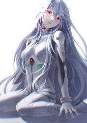 Rule 34 | 1girl, absurdres, ayanami rei, blue hair, bodysuit, commentary, emu (ain54971), evangelion: 3.0+1.0 thrice upon a time, expressionless, feet out of frame, from side, hair between eyes, hairpods, head tilt, highres, interface headset, long hair, looking to the side, neon genesis evangelion, parted lips, plugsuit, rebuild of evangelion, red eyes, sideways glance, sitting, skin tight, solo, wariza, white background, white bodysuit