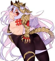 Rule 34 | 1girl, ass, bare shoulders, blush, cowboy shot, dutch angle, elbow gloves, from behind, gauntlets, gloves, granblue fantasy, hair between eyes, hand on own ass, kochiya (gothope), light purple hair, long hair, looking at viewer, looking back, medusa (shingeki no bahamut), red eyes, shingeki no bahamut, solo, tail, very long hair, white background