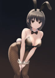 Rule 34 | 1girl, animal ears, aoyama sumika, bare shoulders, black leotard, bow, bowtie, breasts, brown eyes, cleavage, coffee-kizoku, commentary request, detached collar, fake animal ears, fake tail, fishnet pantyhose, fishnets, highres, leaning forward, leotard, looking at viewer, medium breasts, original, pantyhose, playboy bunny, rabbit ears, rabbit tail, short hair, solo, strapless, strapless leotard, tail, wrist cuffs