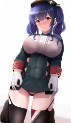Rule 34 | absurdres, azur lane, beret, black dress, black hat, black panties, blush, bra visible through clothes, bralines, breasts, center frills, covered navel, dress, framed breasts, frills, garter straps, gloves, green dress, hat, highres, hikkyou, italian flag, kneeling, large breasts, lifting own clothes, long hair, looking at viewer, panties, pola (azur lane), purple hair, red eyes, see-through, shirt, simple background, skindentation, solo, taut clothes, taut dress, thighhighs, twintails, two-tone dress, underwear, wet, wet clothes, wet shirt, white background, white gloves
