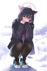 Rule 34 | 1girl, absurdres, animal ears, black hair, black jacket, black pantyhose, blue archive, blush, breath, cat ears, extra ears, halo, hand on own hip, highres, hinaumma, hood, hooded jacket, jacket, kazusa (blue archive), long sleeves, looking at viewer, multicolored hair, outdoors, pantyhose, pink eyes, pink hair, pleated skirt, school uniform, shoes, short hair, skirt, smile, sneakers, solo, two-tone hair