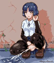 Rule 34 | 1girl, 4mper5and, animated, animated gif, black pantyhose, blue hair, blue skirt, bocchi the rock!, breasts, brown footwear, clothes pull, grass, looking at viewer, open mouth, pantyhose, pantyhose pull, peeing, pixel art, puddle, pussy, school uniform, shirt, shoes, short hair, short sleeves, skirt, small breasts, squatting, uncensored, white shirt, yamada ryo, yellow eyes