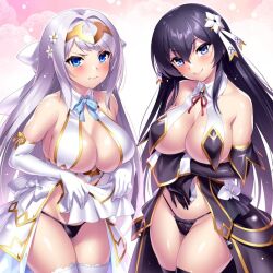 Rule 34 | &gt;:), 2girls, 3:, arm under breasts, bare shoulders, black diamond (houseki hime), black gloves, black hair, black panties, black thighhighs, blue eyes, blush, bow, breast curtains, breast hold, breasts, cleavage, closed mouth, clothes lift, collarbone, commentary request, commission, cowboy shot, diamond (houseki hime), eyelashes, flower, frilled panties, frills, frown, gloves, groin, hair between eyes, hair bow, hair flower, hair intakes, hair ornament, hair ribbon, headpiece, houseki hime, large breasts, lifted by self, light purple hair, long hair, looking at viewer, multiple girls, orange bow, panties, pink background, presenting, ribbon, shiny skin, side-by-side, sidelocks, simple background, skeb commission, skirt, skirt lift, smile, standing, straight hair, sweat, thighhighs, underwear, v-shaped eyebrows, very long hair, white background, white bow, white flower, white gloves, white ribbon, white thighhighs, zen (kamuro)