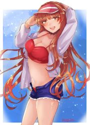 Rule 34 | 1girl, bikini, bikini under clothes, blue shorts, blunt bangs, brown hair, commentary request, cowboy shot, cutoffs, denim, denim shorts, green eyes, hagioshi, helena (kancolle), jacket, kantai collection, long hair, looking at viewer, official alternate costume, open mouth, red bikini, shorts, smile, solo, standing, swimsuit, swimsuit under clothes, teeth, upper teeth only, visor cap, white jacket