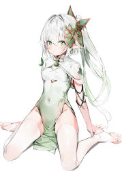 Rule 34 | 1girl, :/, absurdres, arm support, arms behind back, blush, breasts, cape, china dress, chinese clothes, closed mouth, covered navel, dress, full body, gem, genshin impact, gradient dress, green eyes, green gemstone, groin, hair between eyes, hair ornament, highres, leaf, leaning back, long hair, multicolored hair, nahida (genshin impact), no panties, pelvic curtain, pointy ears, ponytail, silver (chenwen), simple background, sitting, small breasts, solo, stirrup legwear, symbol-shaped pupils, tassel, thighhighs, thighs, toeless legwear, two-tone hair, wariza, white background, white hair, white thighhighs