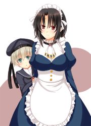Rule 34 | 10s, 2girls, alternate costume, apron, holding another&#039;s arm, ascot, blonde hair, blush, clothes writing, dress, enmaided, green eyes, hat, hiding, holding own arm, kantai collection, looking at viewer, maid, maid apron, maid headdress, multiple girls, neckerchief, peeking out, red eyes, sailor collar, sailor dress, sailor hat, short hair, smile, sotogawa max, takao (kancolle), z1 leberecht maass (kancolle)