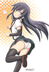Rule 34 | 10s, 1girl, puff of air, arm warmers, asashio (kancolle), ass, black hair, black skirt, black thighhighs, blue eyes, blush, clenched hands, highres, kantai collection, loafers, long hair, looking at viewer, looking back, panties, pleated skirt, shirt, shoes, short sleeves, skirt, smile, solo, standing, standing on one leg, suspender skirt, suspenders, tamayan, thighhighs, twitter username, underwear, upskirt, white panties, white shirt