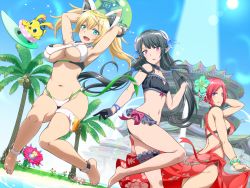 Rule 34 | 3girls, anette (pso2), armpits, arms up, ass, bakuchiku, ball, bare shoulders, barefoot, beach, beachball, bikini, bikini top only, bird, black bikini, black gloves, black hair, blonde hair, blue eyes, blue hairband, blue sky, blunt bangs, blush, bow, bracer, braid, breasts, bridal garter, building, cleavage, cleavage cutout, clothing cutout, creature, day, diving mask, diving mask on head, eyebrows, fang, feet, flower, french braid, frills, full body, gene (pso2), gloves, goggles, goggles on head, grass, green eyes, green flower, green hair, hair between eyes, hair ornament, hair ribbon, hairband, hairclip, happy, holding, innertube, jewelry, jumping, large breasts, light smile, long hair, looking at viewer, looking back, medium breasts, midriff, multicolored hair, multiple girls, navel, open mouth, outdoors, palm tree, palms, parted lips, phantasy star, phantasy star online 2, pink bow, pink eyes, pink flower, plant, pointy ears, purple eyes, rappy, red hair, ribbon, sand, sarong, simple background, skin fang, sky, smile, standing, sunlight, surfboard, surfing, swim ring, swimsuit, teeth, thigh strap, toes, tree, twintails, very long hair, water, white bikini