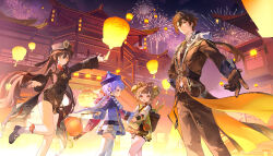 1boy 3girls aerial_fireworks architecture backpack_basket braid brown_gloves brown_hair brown_hat chinese_commentary commentary_request east_asian_architecture fireworks genshin_impact gloves hat highres holding holding_hands holding_lantern hu_tao_(genshin_impact) lantern leg_up liloumaotou long_sleeves multiple_girls night outdoors purple_hair purple_hat qingdai_guanmao qiqi_(genshin_impact) star-shaped_pupils star_(symbol) symbol-shaped_pupils thighhighs white_thighhighs yaoyao_(genshin_impact) yuegui_(genshin_impact) zhongli_(genshin_impact) zhongli_(lantern_rite)_(genshin_impact)