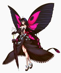 Rule 34 | 1girl, absurdres, accel world, antennae, black footwear, black gloves, black hair, blush, breasts, butterfly wings, cleavage, closed mouth, closed umbrella, dress, duel avatar, elbow gloves, full body, gloves, hair ornament, high heels, highres, insect wings, kizuchi r, kuroyukihime, long hair, looking at viewer, red eyes, shoes, simple background, solo, umbrella, very long hair, white background, wings