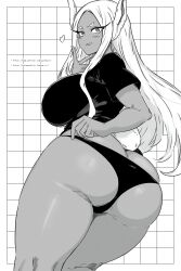 Rule 34 | 1girl, animal ears, ass, black panties, black shirt, boku no hero academia, breasts, butt crack, dark-skinned female, dark skin, fanbox username, from behind, greyscale, grid background, guchapin, heart, highres, huge ass, kneepits, large breasts, long eyelashes, long hair, looking at viewer, mirko, monochrome, panties, parted bangs, parted lips, patreon username, rabbit ears, rabbit girl, rabbit tail, shirt, smile, solo, tail, thick thighs, thighs, underwear, v, very long hair, white hair