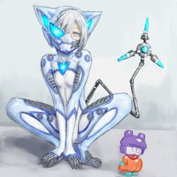 Rule 34 | 1girl, all fours, animal ears, bodysuit, breasts, broken helmet, broken mask, cat ears, claws, commentary request, cybernetic, glowing, glowing eyes, grey eyes, half-closed eyes, helmet, highres, looking at viewer, mask, mechanical tail, mouth mask, original, robot, skin tight, small breasts, solo, tail, white hair, yumikoyama49