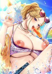 Rule 34 | 1girl, anchor earrings, bikini, bikini pull, blonde hair, blue sky, blush, breasts, clothes pull, collarbone, commentary request, denim, denim shorts, earrings, eyewear on head, fake nails, fingernails, gyaru, halterneck, highres, huge breasts, inflatable toy, inflatable unicorn, jacket, jacket partially removed, jewelry, large areolae, looking at viewer, midriff, mole, mole on breast, navel, navel piercing, necklace, nipples, o-ring, o-ring bikini, open clothes, open jacket, open mouth, original, outdoors, parted bangs, piercing, ponytail, puffy nipples, purple bikini, purple eyes, ring, short shorts, short sleeves, shorts, sky, smile, solo, splashing, sunlight, swimsuit, teeth, thighs, upper teeth only, water, yellow jacket, yuzutosen