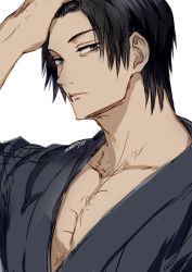 Rule 34 | 1boy, arm up, black hair, commentary request, fushiguro touji, green eyes, hand in own hair, hand on own head, japanese clothes, jujutsu kaisen, kimono, looking at viewer, male focus, nori20170709, pectoral cleavage, pectorals, scar, scar on face, scar on mouth, short hair, simple background, solo, white background