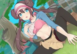 Rule 34 | 1girl, black pantyhose, blue eyes, blush, bow, bra, brown hair, clothes lift, collarbone, commentary request, creatures (company), day, double bun, floating hair, game freak, grass, hair bun, lifted by self, long hair, looking to the side, navel, nintendo, obybuss, open mouth, outdoors, panties, pantyhose, pink bow, pink bra, pokemon, pokemon bw2, rosa (pokemon), shirt lift, short shorts, shorts, sidelocks, sitting, sleeves past elbows, solo, sports bra, spread legs, teeth, tongue, tree, twintails, underwear, yellow shorts