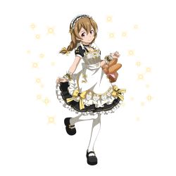 Rule 34 | 1girl, apron, basket, black footwear, black skirt, black sleeves, bow, braid, bread, brown hair, choker, closed mouth, collarbone, food, full body, hair between eyes, hair ribbon, highres, holding, holding basket, layered skirt, long hair, maid headdress, mary janes, medium skirt, official art, pleated skirt, red eyes, ribbon, shirt, shoes, short sleeves, silica, skirt, smile, solo, standing, standing on one leg, sword art online, transparent background, twin braids, waist apron, white apron, white legwear, white shirt, wrist cuffs, yellow bow, yellow ribbon