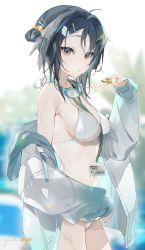 Rule 34 | 1girl, absurdres, ahoge, arknights, bare shoulders, bikini, black hair, breasts, goggles, goggles around neck, hair ornament, highres, id card, jacket, la pluma (arknights), la pluma (summer flowers) (arknights), long sleeves, looking at viewer, medium breasts, navel, off shoulder, official alternate costume, open clothes, open jacket, parted lips, short hair, solo, stomach, swimsuit, water, waterfall, wet, whistle, whistle around neck, white bikini, yuuki uyu