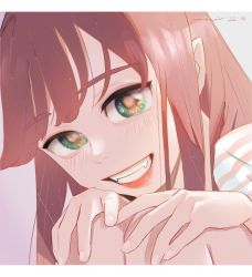Rule 34 | blush, character request, dated, eye focus, eye reflection, fang, grin, hand on own knee, reflection, simple background, smile, solo focus, tsukiatte agetemo ii kana, washio yuria