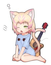 Rule 34 | &lt;o&gt; &lt;o&gt;, 10s, 1girl, animal ears, bad id, bad pixiv id, barefoot, blonde hair, cat ears, cat tail, chestnut mouth, commentary, extra ears, fang, full body, green eyes, guitar, highres, instrument, kemono friends, multicolored hair, nina yuki, no pants, one eye closed, pink hair, sand cat (kemono friends), shirt, short hair, simple background, sitting, solo, t-shirt, tail, tears, wariza, white background, yawning