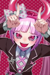 Rule 34 | 1girl, :d, arms up, black jacket, blunt bangs, bow, collared shirt, danganronpa (series), danganronpa another episode: ultra despair girls, fake horns, hairband, heart, heart background, hexart+81, highres, horns, index finger raised, jacket, long hair, long sleeves, looking at viewer, open clothes, open jacket, open mouth, pink bow, pink eyes, pink hair, polka dot, polka dot bow, red background, shirt, smile, solo, teeth, twintails, upper teeth only, utsugi kotoko, white shirt