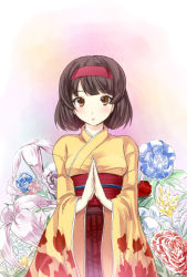 Rule 34 | 00s, 1girl, black hair, blush, bob cut, commentary, creatures (company), erika (pokemon), flower, furisode, game freak, gin&#039;ichi (akacia), ginichi, gym leader, hairband, hakama, hakama skirt, japanese clothes, kimono, lily (flower), looking at viewer, nintendo, obi, open mouth, own hands together, peony (flower), pokemon, pokemon frlg, red hakama, sash, short hair, skirt, solo, wide sleeves, yellow eyes