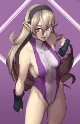 Rule 34 | 1girl, absurdres, alternate costume, armpits, artist name, bare shoulders, black gloves, black headband, breasts, commentary, commission, corrin (female) (fire emblem), corrin (fire emblem), cosplay, english commentary, fingerless gloves, fingernails, fire emblem, fire emblem fates, gloves, grey hair, groin, hair between eyes, hair ornament, headband, highleg, highleg leotard, highres, leotard, lips, long hair, looking at viewer, marvel, medium breasts, groin, nintendo, partially visible vulva, pink lips, pointy ears, purple leotard, red eyes, she-hulk, she-hulk (cosplay), sideboob, signature, sleeveless, solo, turtleneck, two-tone leotard, white leotard, x xith x