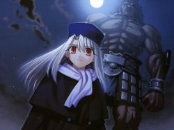 Rule 34 | 00s, 1boy, 1girl, absurdres, albino, blue hat, cloud, fate/stay night, fate (series), full moon, game cg, hat, heracles (fate), highres, illyasviel von einzbern, long hair, moon, red eyes, scarf, sky, star (sky), star (symbol), starry sky, takeuchi takashi, white hair, white scarf
