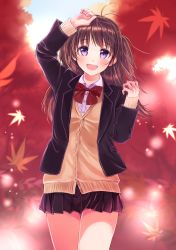 Rule 34 | 1girl, :d, absurdres, akiyama sunao, antenna hair, arm up, autumn, autumn leaves, bad id, bad pixiv id, black jacket, black skirt, blush, bow, bowtie, brown hair, cowboy shot, dress shirt, floating hair, highres, jacket, long hair, miniskirt, open clothes, open jacket, open mouth, original, pleated skirt, purple eyes, red bow, shirt, skirt, smile, solo, standing, sweater, white shirt, yellow sweater
