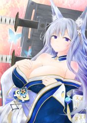 Rule 34 | 1girl, animal ear fluff, animal ears, azur lane, bare shoulders, blue kimono, breasts, detached collar, hand on own chest, highres, huge breasts, japanese clothes, kimono, long hair, looking at viewer, multiple swords, off shoulder, purple eyes, purple hair, sash, sheath, sheathed, shinano (azur lane), solo, sword, weapon, wide sleeves, yamamoto rintarou