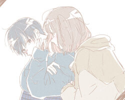 Rule 34 | 1boy, 1girl, black hair, blue hair, blue hoodie, blush, brown hair, closed mouth, film grain, hand on own cheek, hand on own face, hood, hood down, hoodie, long sleeves, looking at another, multicolored hair, nagata (hino daibutsu), original, pants, plaid, plaid pants, profile, short hair, simple background, sitting, sweater, upper body, white background, yellow hoodie