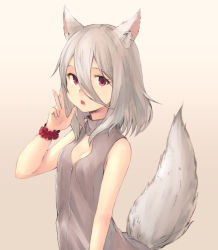 Rule 34 | 1girl, animal ears, bad id, bad pixiv id, breasts, cleavage, highres, koretsuki aduma, looking at viewer, original, purple eyes, small breasts, solo, tail, v, white hair, wolf ears, wolf tail