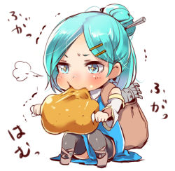 Rule 34 | 1girl, backpack, bag, bare shoulders, black thighhighs, blue dress, blue eyes, blue hair, blush, boned meat, chibi, detached sleeves, dress, eating, food, hair bun, hair ornament, hair stick, hairclip, holding, long hair, long sleeves, mataichi mataro, matching hair/eyes, meat, motion lines, ole tower, simple background, single hair bun, sitting, solo, sparkle, symbol-shaped pupils, thighhighs, trembling, triangular file (ole tower), white background