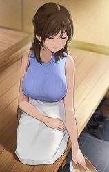 Rule 34 | 1girl, bag, bare shoulders, blue sweater, breasts, brown hair, closed eyes, hand on own thigh, handbag, highres, large breasts, long skirt, medium hair, on floor, original, ribbed sweater, seiza, shoes, unworn shoes, sitting, skirt, sleeveless, sleeveless sweater, solo, sweater, wakamatsu372, white footwear, white skirt