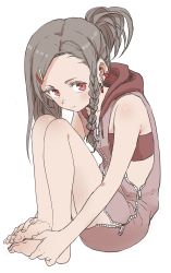 Rule 34 | 1girl, 3:, absurdres, asymmetrical hair, barefoot, braid, breasts, character request, closed mouth, feet, feet together, holding with feet, forehead, full body, grey hair, hair ornament, hairclip, hands on feet, highres, hood, hoodie, legs together, long hair, looking at viewer, red eyes, simple background, sitting, sleeveless, sleeveless hoodie, small breasts, solo, toes, white background, yamamoto souichirou, zipper
