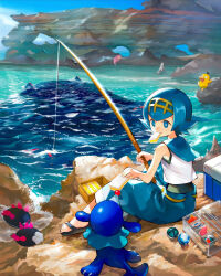 Rule 34 | 1girl, black footwear, blue eyes, blue hair, blue pants, blue sailor collar, bright pupils, commentary request, cooler, creatures (company), day, dive ball, fishing, fishing rod, flip-flops, food, game freak, gen 1 pokemon, gen 3 pokemon, gen 7 pokemon, hairband, highres, holding, holding fishing rod, holding food, lana (pokemon), looking to the side, lure ball, luvdisc, magikarp, mouth hold, nintendo, no sclera, one-piece swimsuit, orange mikan, outdoors, pants, poke ball, pokemon, pokemon (creature), pokemon sm, popplio, psyduck, pyukumuku, sailor collar, sandals, sandwich, shirt, short hair, sitting, sleeveless, sleeveless shirt, slowpoke, swimsuit, swimsuit under clothes, water, white pupils, white shirt, wishiwashi, wishiwashi (solo), yellow hairband