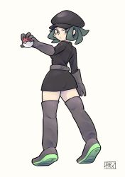 Rule 34 | 1girl, belt, black dress, black hat, boots, chichibu (watson), closed mouth, commentary request, creatures (company), dress, elbow gloves, full body, game freak, gloves, green eyes, green hair, grey belt, grey footwear, grey gloves, hand up, hat, highres, holding, holding poke ball, looking back, nintendo, npc trainer, poke ball, poke ball (basic), pokemon, pokemon usum, short dress, short hair, simple background, solo, standing, team rainbow rocket, team rainbow rocket grunt, team rainbow rocket uniform, thigh boots, thighhighs, thighs, white background, zettai ryouiki