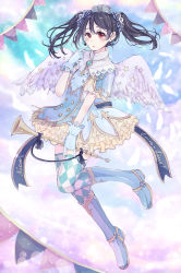 Rule 34 | 10s, 1girl, absurdres, angel wings, argyle, argyle clothes, argyle legwear, bad id, bad pixiv id, black hair, blue footwear, blush, boots, brooch, dress, flag, gloves, highres, instrument, jewelry, kashiwagi tsukiko, knee boots, looking at viewer, love live!, love live! school idol festival, love live! school idol project, m/, pointing, pointing at self, red eyes, ribbon, solo, thighhighs, trumpet, twintails, wings, yazawa nico, zettai ryouiki